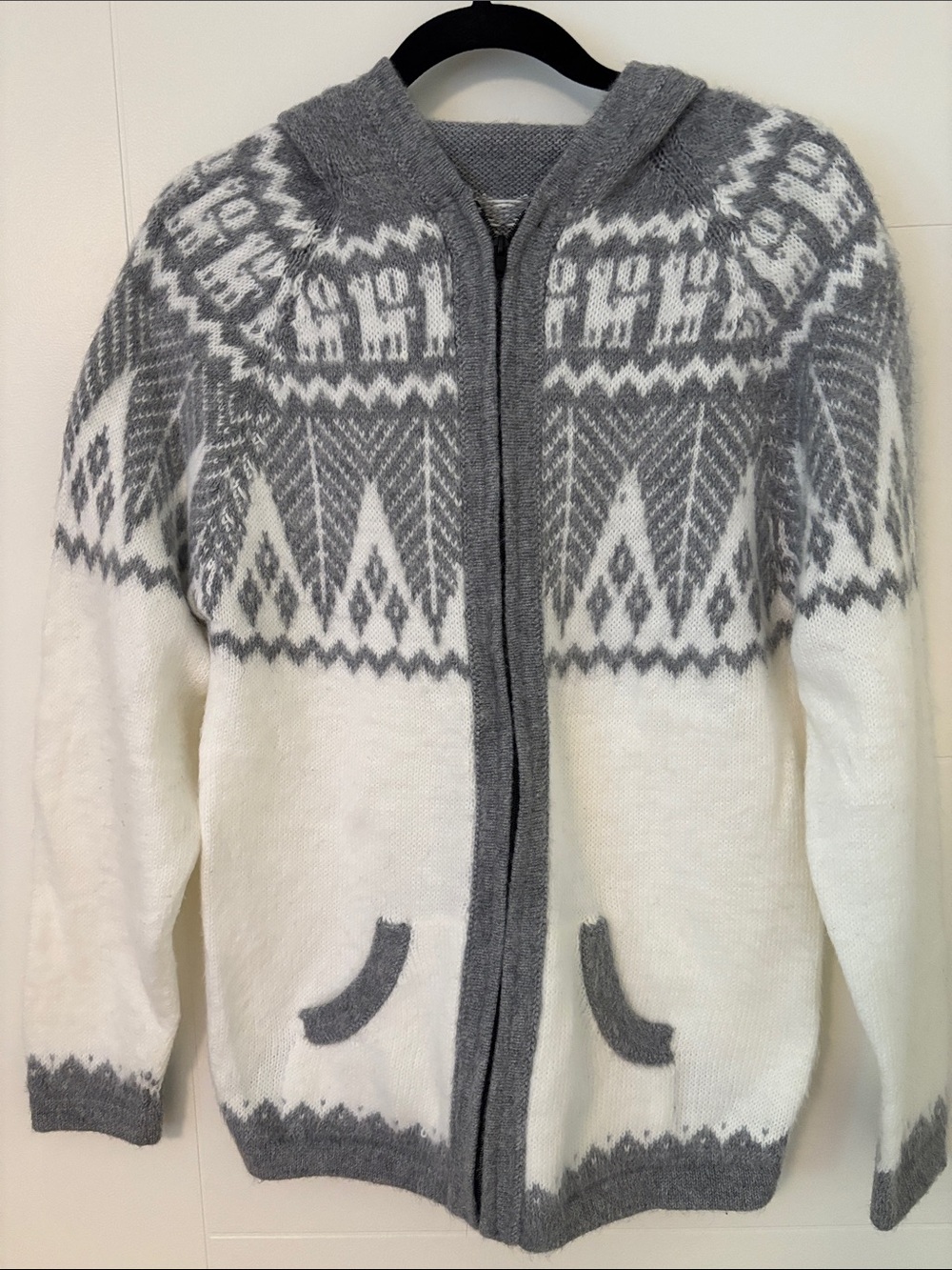 Gray and White Nordic Zip-Front Women’s Sweater